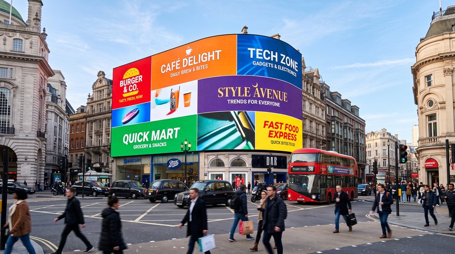 A large curved advertising screen above a city intersection carrying six brightly coloured brand panels