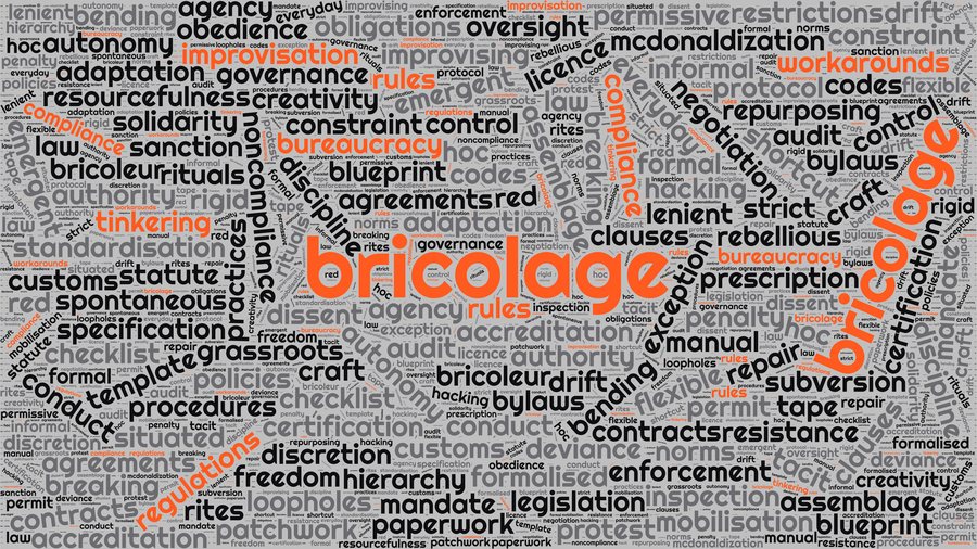 A word cloud with bricolage at its centre, surrounded by terms such as compliance, improvisation, bureaucracy, workarounds and regulations