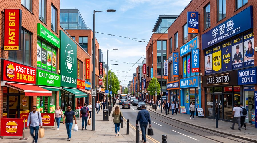 A busy high street lined with brightly branded fast food, grocery and mobile phone shopfronts