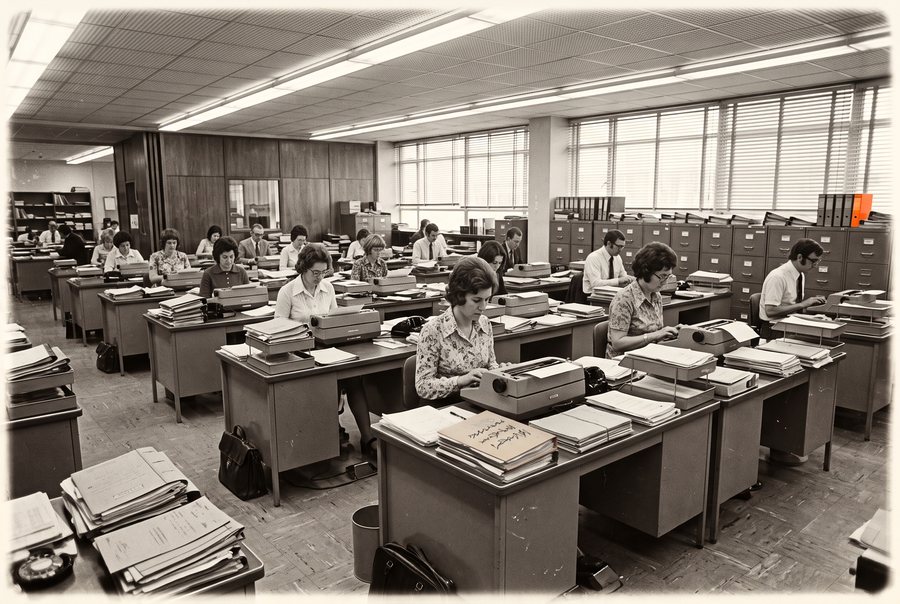 Rows of desks in a 1970s typing pool, each stacked with files and paperwork, with a single orange binder among the grey